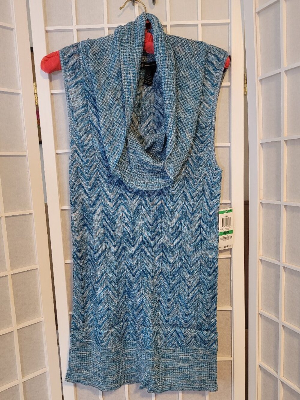 INC Womens L Cowl Neck NWT Sleeveless Top Tunic Chevron Turquoise Metallic